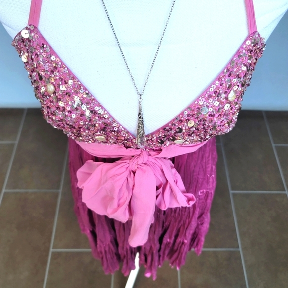 BCBGMaxAzria ✦ Silk Halter Dress ✦ Pink Tiered Pleats Beaded Detail Size 6 - Picture 7 of 15